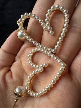 Gold Pearl Heart Loop Drop Earrings for Women